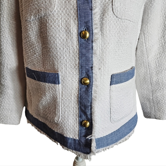 Talbots Petites White Denim Tweed Blazer Jacket Size 12P Button Up Fringed Chic - Picture 5 of 16